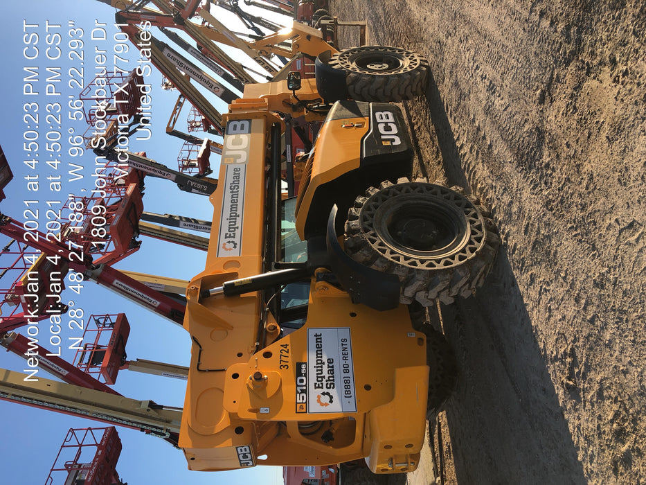 2019 JCB 510-56 74 HP w/CAB/HVAC, Beacon, Worklights, Aux Hydraulics, Solid Tires 66" Carriage/60" Forks