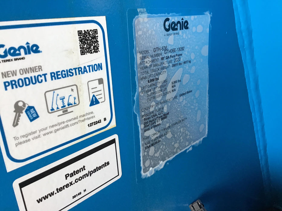 2020 Genie GTH-636 Cab/Heat/Air, Solid Tires, Work Lights, Beacon, Aux Hydraulics, Back up Alarm