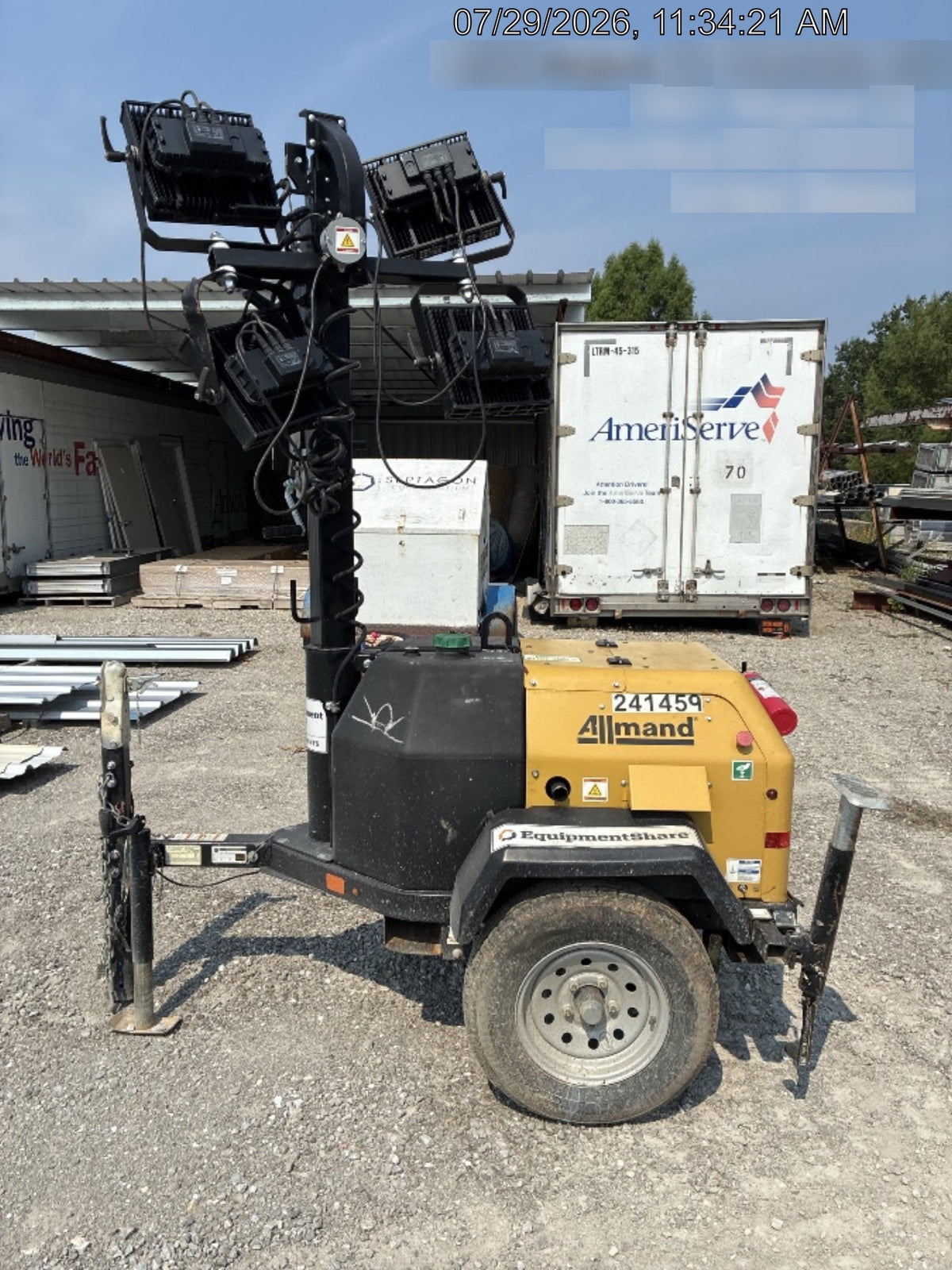 2022 Allmand NLV3GR (4) LED Light Fixture 350W, 23' Vertical Mast, 3kW Prime, Towable, Deep Sea L401, Leveling Jacks, Yanmar T4F 5.8hp