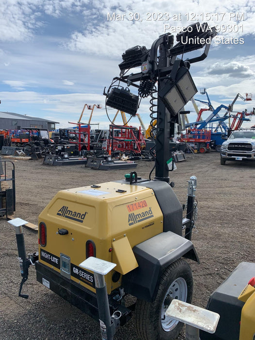 2021 Allmand NLV3GR (4) LED Light Fixture 350W, 23' Vertical Mast, 3kW Prime, Towable, Deep Sea L401, Leveling Jacks, Yanmar T4F 5.8hp