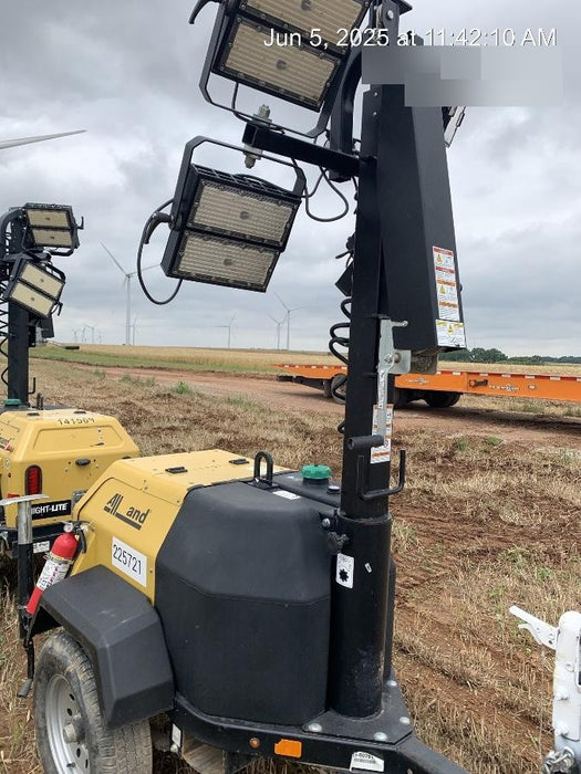 2022 Allmand NLV3GR (4) LED Light Fixture 350W, 23' Vertical Mast, 3kW Prime, Towable, Deep Sea L401, Leveling Jacks, Yanmar T4F 5.8hp