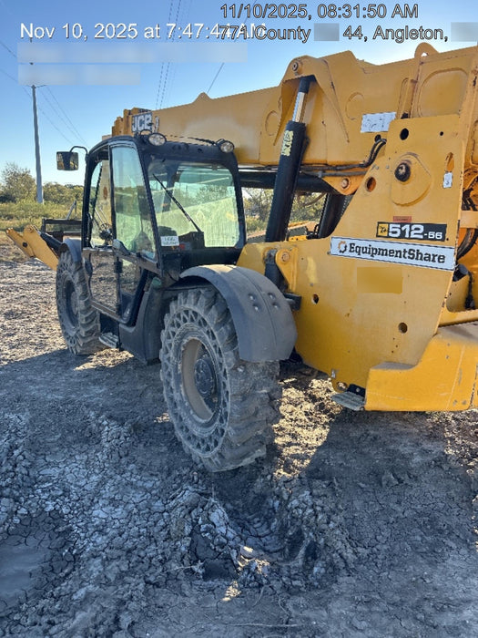 2019 JCB 512-56 74 HP w/CAB/HVAC, Beacon, Aux Hydraulics, Worklights, Solid Tires w/60" Carriage/Forks