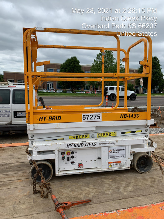 Custom Equipment HB-1430 <ul>
 <li>Hy-Brid Scissor Lift</li>
  <li>Platform capacity up to 670 lbs.</li>
  <li>Working height up to 20 ft</li>
  <li>Weighs under 1,700 lbs.</li>
  <li>Non-marking wheels </li>
</ul>