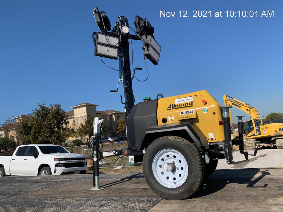 2021 Allmand NLV3GR (4) LED Light Fixture 350W, 23' Vertical Mast, 3kW Prime, Towable, Deep Sea L401, Leveling Jacks, Yanmar T4F 5.8hp