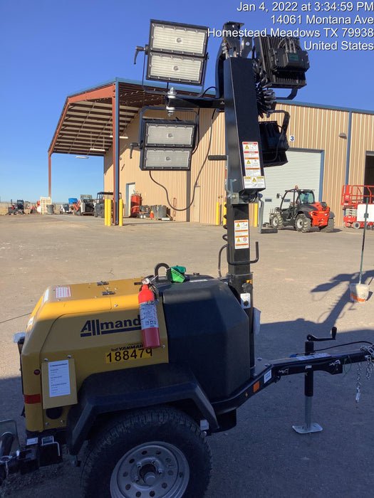 Allmand NLV3GR (4) LED Light Fixture 350W, 23' Vertical Mast, 3kW Prime, Towable, Deep Sea L401, Leveling Jacks, Yanmar T4F 5.8hp