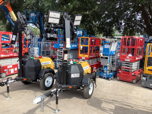 Allmand NLV3GR (4) LED Light Fixture 350W, 23' Vertical Mast, 3kW Prime, Towable, Deep Sea L401, Leveling Jacks, Yanmar T4F 5.8hp