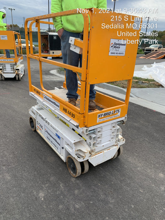Custom Equipment HB-1430 Hy-Brid Scissor Lift
Platform capacity up to 670 lbs
Working height up to 20 ft
Weighs under 1,700 lbs
Non-marking wheels