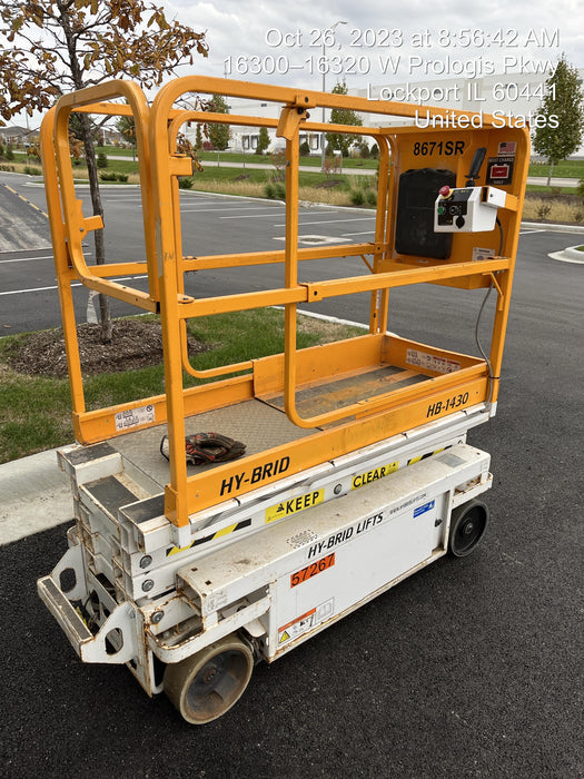 Custom Equipment HB-1430 <ul>
 <li>Hy-Brid Scissor Lift</li>
  <li>Platform capacity up to 670 lbs.</li>
  <li>Working height up to 20 ft</li>
  <li>Weighs under 1,700 lbs.</li>
  <li>Non-marking wheels </li>
</ul>