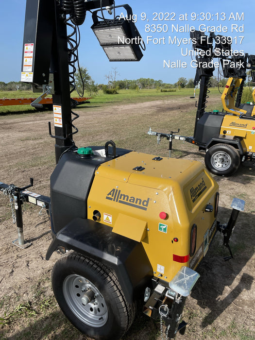 2022 Allmand NLV3GR (4) LED Light Fixture 350W, 23' Vertical Mast, 3kW Prime, Towable, Deep Sea L401, Leveling Jacks, Yanmar T4F 5.8hp