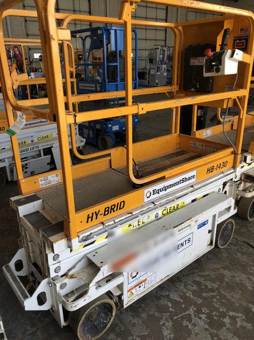 Custom Equipment HB-1430 <ul>
 <li>Hy-Brid Scissor Lift</li>
  <li>Platform capacity up to 670 lbs.</li>
  <li>Working height up to 20 ft</li>
  <li>Weighs under 1,700 lbs.</li>
  <li>Non-marking wheels </li>
</ul>