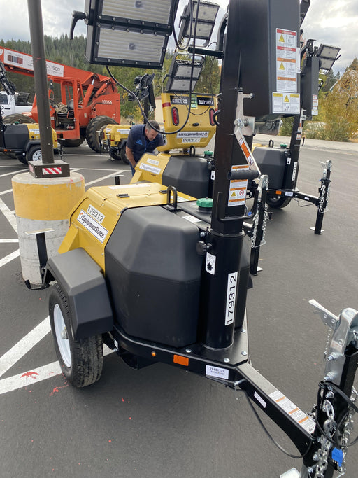 Allmand NLV3GR (4) LED Light Fixture 350W, 23' Vertical Mast, 3kW Prime, Towable, Deep Sea L401, Leveling Jacks, Yanmar T4F 5.8hp