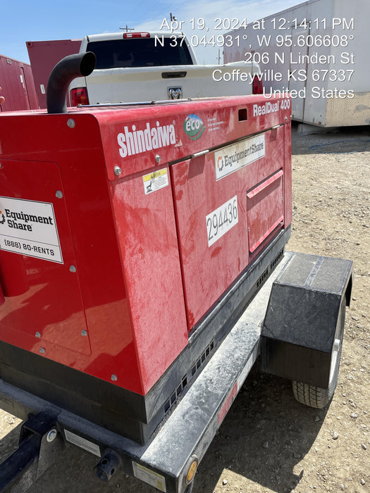 2023 Shindaiwa DGW400MDL Kubota D902 Engine, 23 HP, Dual Op Welder, Wire, Arc, Droop Stick, Tig, and CC Stick Functionality, Simulphase, 3 Phase and 1 Phase Gen Output, Single Axle NB Trlr, Slr Trckl Chrg 12V 12W, Fire Ext