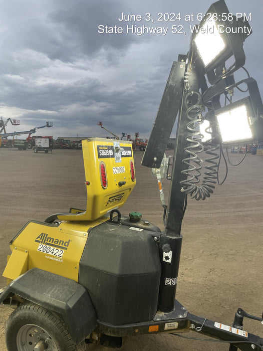 2022 Allmand NLV3GR (4) LED Light Fixture 350W, 23' Vertical Mast, 3kW Prime, Towable, Deep Sea L401, Leveling Jacks, Yanmar T4F 5.8hp