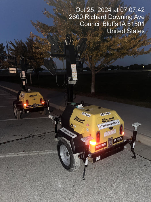 2022 Allmand NLV3GR (4) LED Light Fixture 350W, 23' Vertical Mast, 3kW Prime, Towable, Deep Sea L401, Leveling Jacks, Yanmar T4F 5.8hp