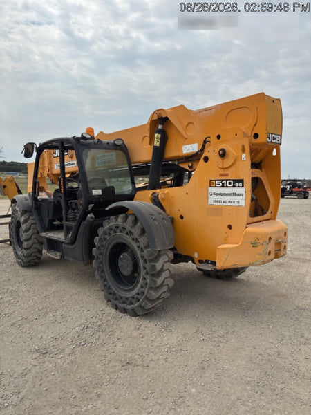 2019 JCB 510-56 Open ROPS, 74 HP, Solid Tires, Worklights, Beacon, Aux Hydraulics, Lifting Eye 66" Carriage/60" Forks