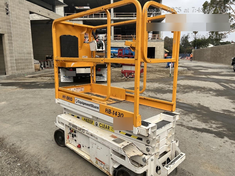 Custom Equipment HB-1430 <ul>
 <li>Hy-Brid Scissor Lift</li>
  <li>Platform capacity up to 670 lbs.</li>
  <li>Working height up to 20 ft</li>
  <li>Weighs under 1,700 lbs.</li>
  <li>Non-marking wheels </li>
</ul>