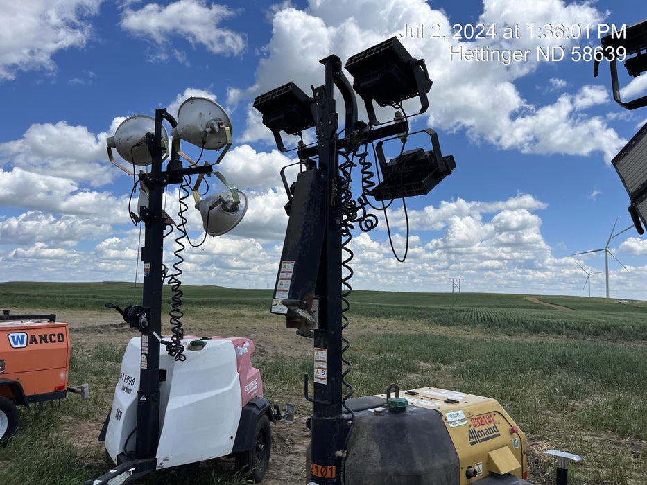 2022 Allmand NLV3GR (4) LED Light Fixture 350W, 23' Vertical Mast, 3kW Prime, Towable, Deep Sea L401, Leveling Jacks, Yanmar T4F 5.8hp