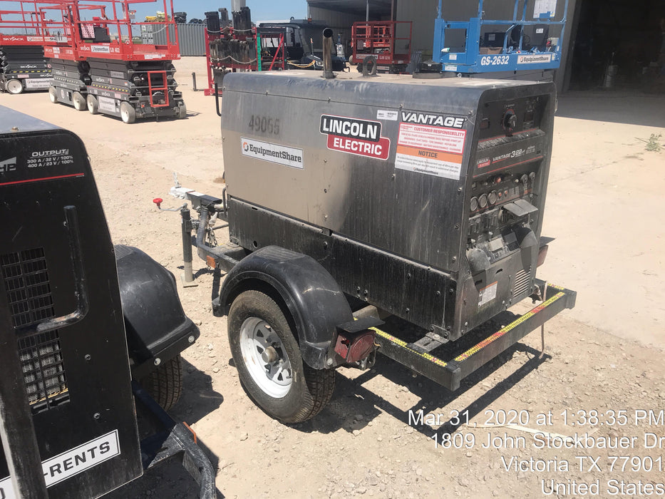 2019 Lincoln Electric Vantage 322 Ready-Pak 3, Two Wheel Trailer, Fender and Light Kit, Cable Rack