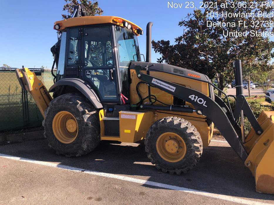 2020 John Deere 410L - Extendable Stick Cab/Heat/Air, 4WD, Extendable Stick, Pilot Controls, 2 Way Hydraulics, TAG Manual QC