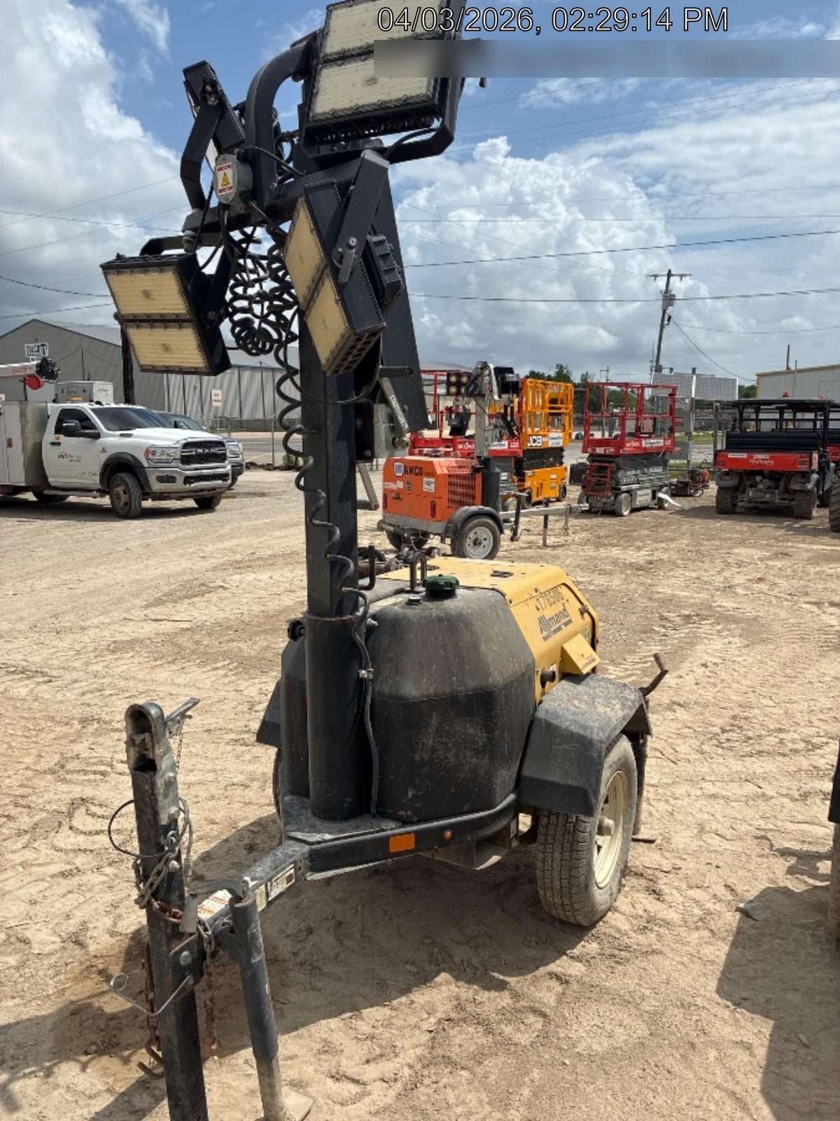 Allmand NLV3GR (4) LED Light Fixture 350W, 23' Vertical Mast, 3kW Prime, Towable, Deep Sea L401, Leveling Jacks, Yanmar T4F 5.8hp
