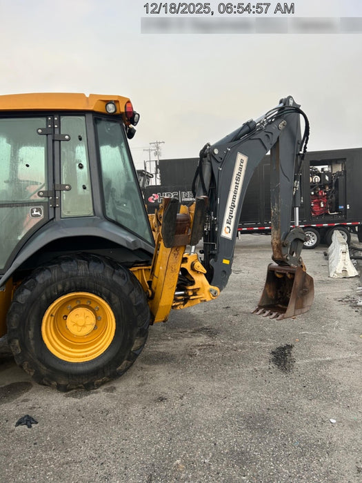 2019 John Deere 410L 4WD, CAB/HVAC, Standard Dipperstick, ISO Controls, Rear Aux Hydraulics, Manual QC w/1.5 Yd Bucket w/Forks, 24" Bucket