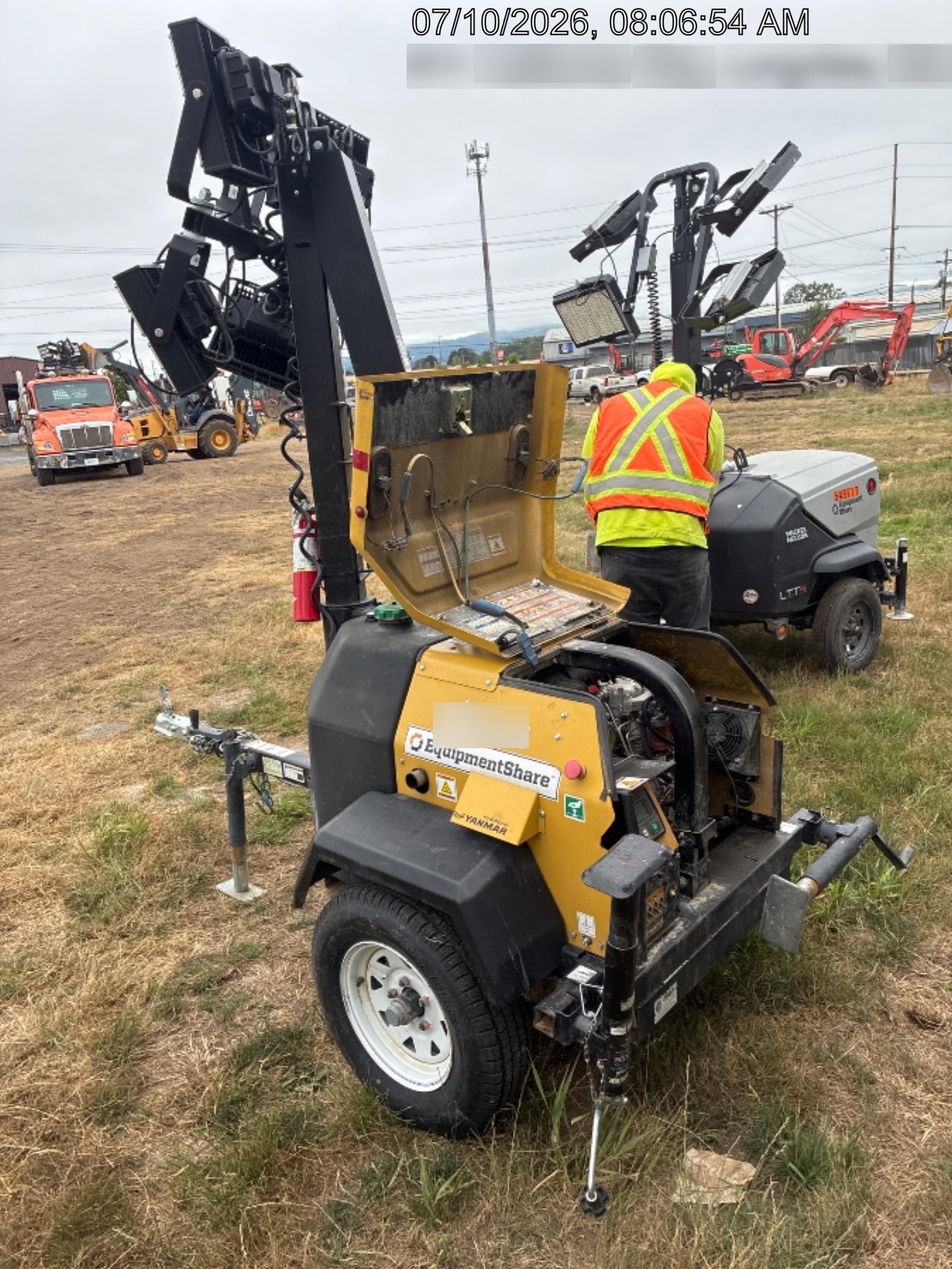 Allmand NLV3GR (4) LED Light Fixture 350W, 23' Vertical Mast, 3kW Prime, Towable, Deep Sea L401, Leveling Jacks, Yanmar T4F 5.8hp