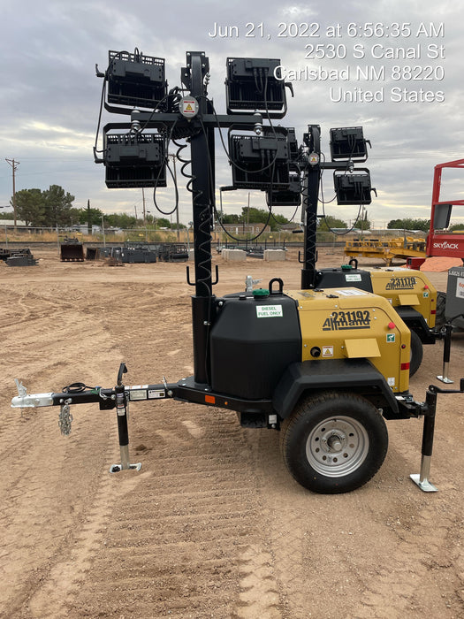 2022 Allmand NLV3GR (4) LED Light Fixture 350W, 23' Vertical Mast, 3kW Prime, Towable, Deep Sea L401, Leveling Jacks, Yanmar T4F 5.8hp