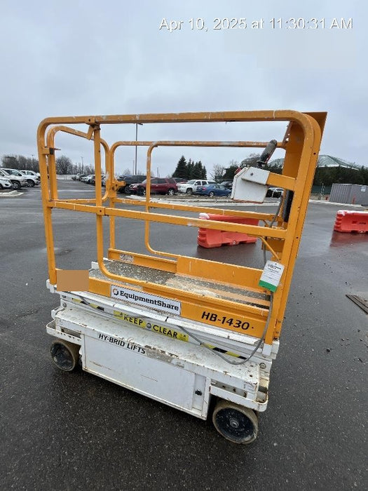 Custom Equipment HB-1430 <ul>
 <li>Hy-Brid Scissor Lift</li>
  <li>Platform capacity up to 670 lbs.</li>
  <li>Working height up to 20 ft</li>
  <li>Weighs under 1,700 lbs.</li>
  <li>Non-marking wheels </li>
</ul>