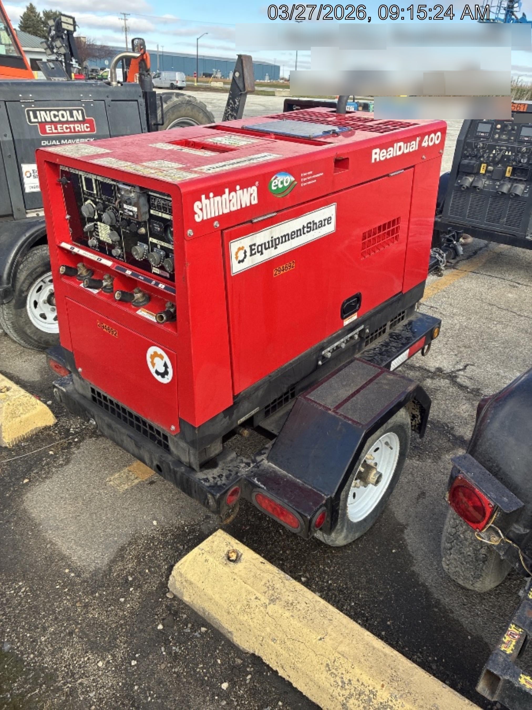 2023 Shindaiwa DGW400MDL Kubota D902 Engine, 23 HP, Dual Op Welder, Wire, Arc, Droop Stick, Tig, and CC Stick Functionality, Simulphase, 3 Phase and 1 Phase Gen Output, Single Axle NB Trlr, Slr Trckl Chrg 12V 12W, Fire Ext
