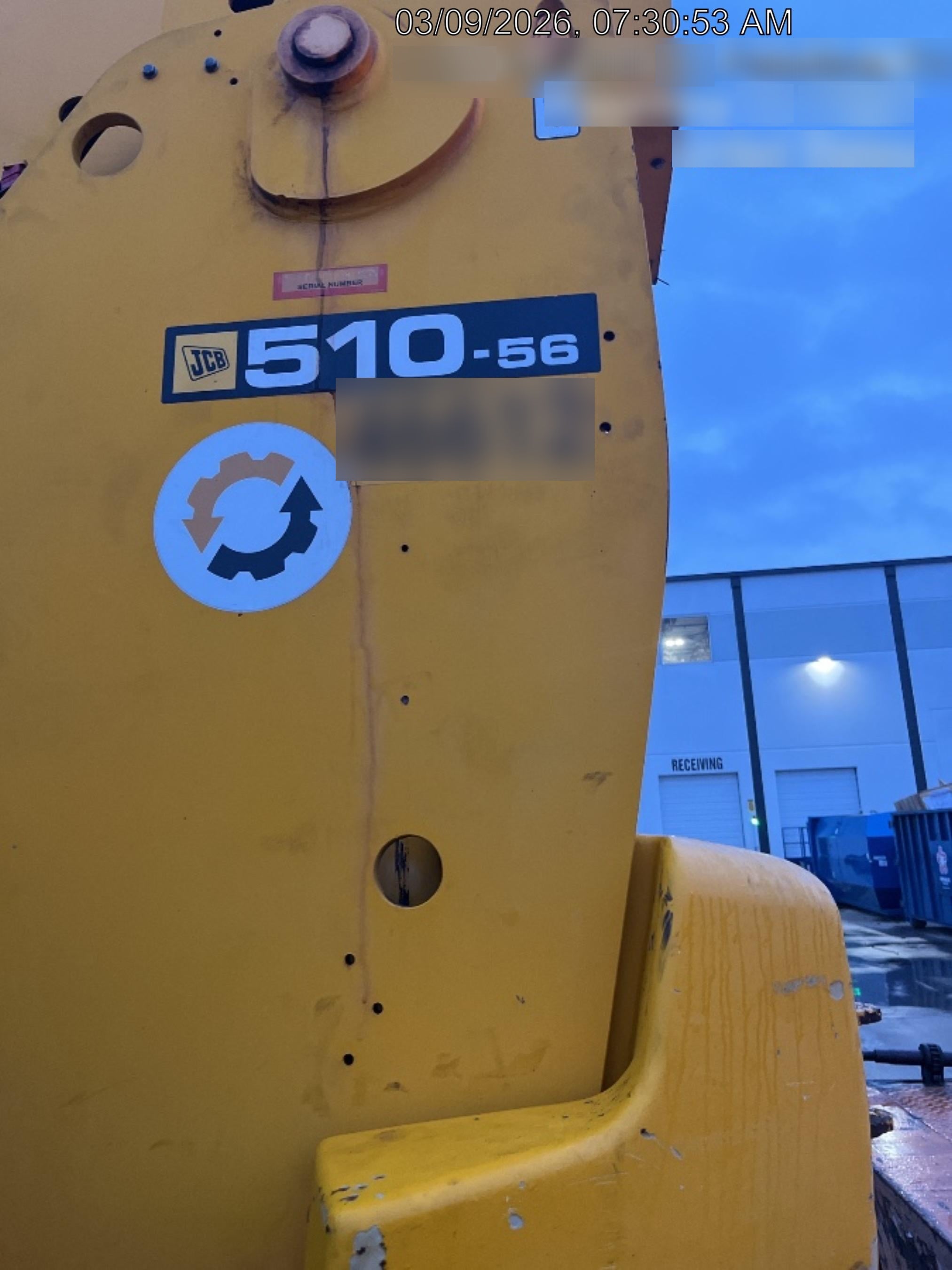 2019 JCB 510-56 Enclosed Cab, 74 HP, Solid Tires, Worklights, Beacon, Aux Hydraulics, Lifting Eye w/66" Carriage/60" Forks
