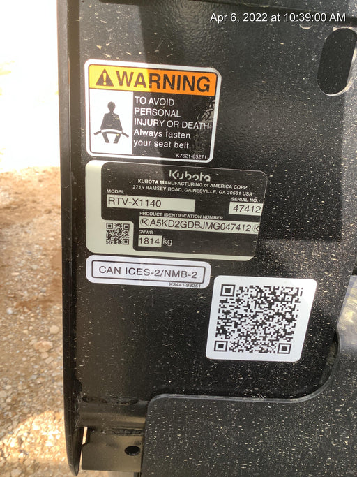 2022 Kubota RTV-X1140W-H Plastic Canopy, Windshield Acrylic Clear, LED Strobe Light, Wire Harness Kit, Back up Alarm