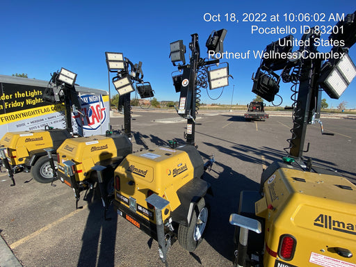 2022 Allmand NLV3GR (4) LED Light Fixture 350W, 23' Vertical Mast, 3kW Prime, Towable, ES Decals, T3