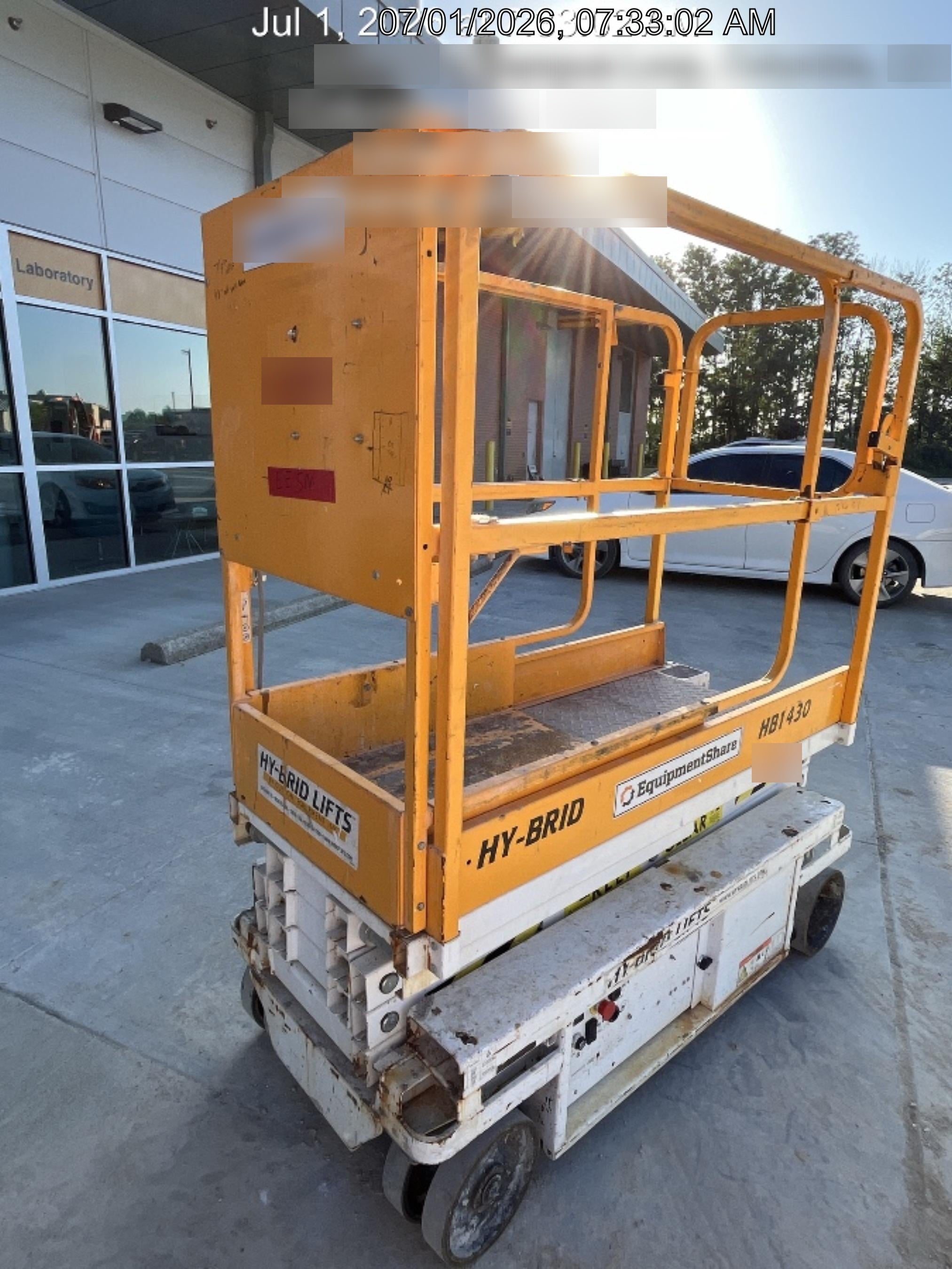 Custom Equipment HB-1430 <ul>
 <li>Hy-Brid Scissor Lift</li>
  <li>Platform capacity up to 670 lbs.</li>
  <li>Working height up to 20 ft</li>
  <li>Weighs under 1,700 lbs.</li>
  <li>Non-marking wheels </li>
</ul>