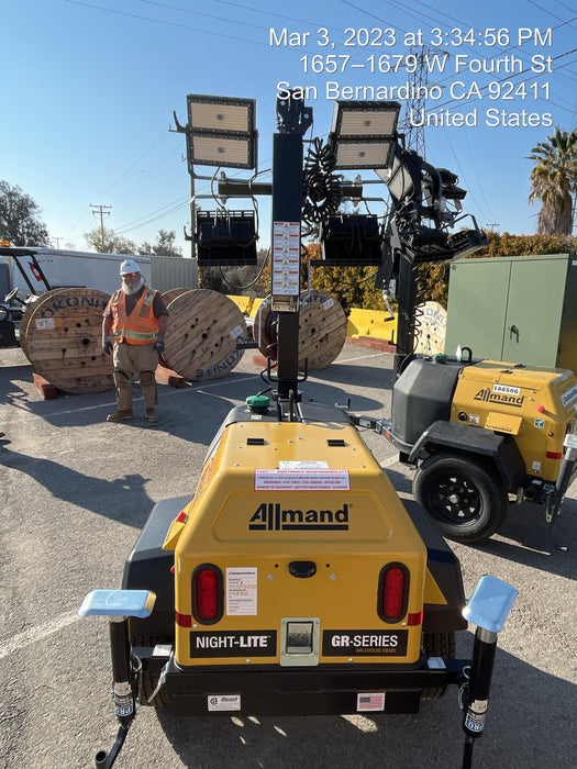 2022 Allmand NLV3GR (4) LED Light Fixture 350W, 23' Vertical Mast, 3kW Prime, Towable, ES Decals, T3