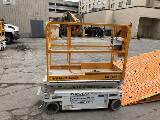 Custom Equipment HB-1430 <ul>
 <li>Hy-Brid Scissor Lift</li>
  <li>Platform capacity up to 670 lbs.</li>
  <li>Working height up to 20 ft</li>
  <li>Weighs under 1,700 lbs.</li>
  <li>Non-marking wheels </li>
</ul>