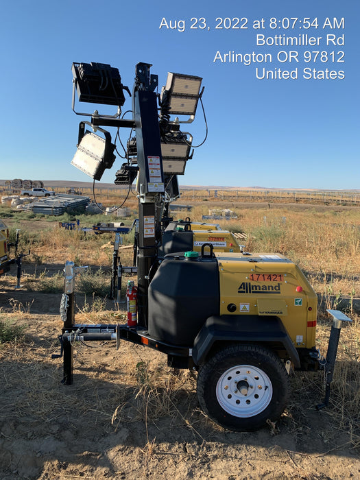 2021 Allmand NLV3GR (4) LED Light Fixture 350W, 23' Vertical Mast, 3kW Prime, Towable, Deep Sea L401, Leveling Jacks, Yanmar T4F 5.8hp