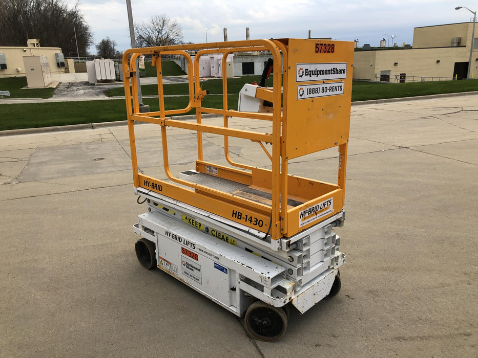 Custom Equipment HB-1430 <ul>
 <li>Hy-Brid Scissor Lift</li>
  <li>Platform capacity up to 670 lbs.</li>
  <li>Working height up to 20 ft</li>
  <li>Weighs under 1,700 lbs.</li>
  <li>Non-marking wheels </li>
</ul>