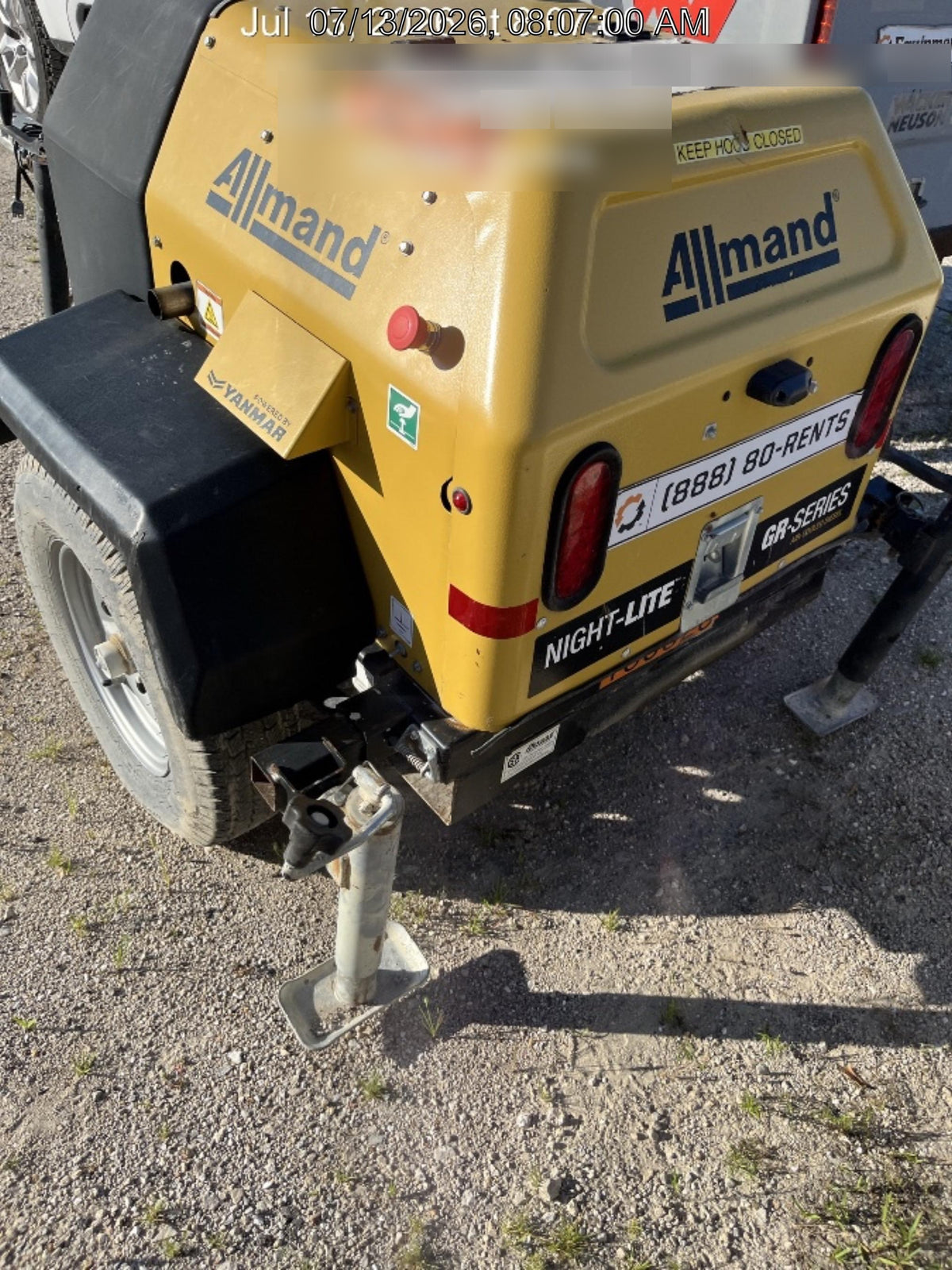 2021 Allmand NLV3GR (4) LED Light Fixture 350W, 23' Vertical Mast, 3kW Prime, Towable, Deep Sea L401, Leveling Jacks, Yanmar T4F 5.8hp