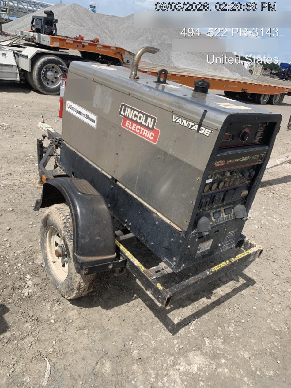 2019 Lincoln Electric Vantage 322 Ready-Pak 3, Two Wheel Trailer, Fender and Light Kit, Cable Rack