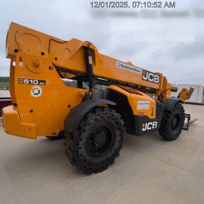 2020 JCB 510-56 Cab/Heat/Air, 74 HP, Solid Tires, STD Worklight, Beacon, Aux Hydraulics, Lifting Eye, Back up Alarm w/66" Carriage/60" Forks
