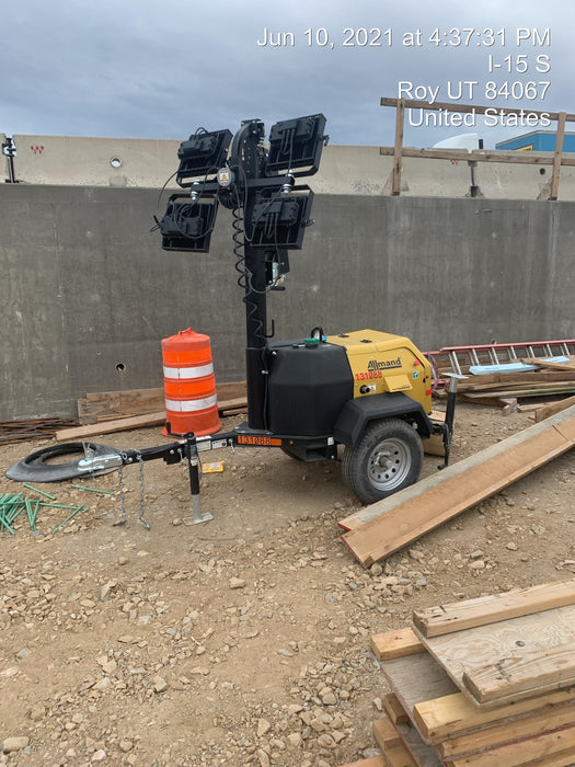 2021 Allmand NLV3GR (4) LED Light Fixture 350W, 23' Vertical Mast, 3kW Prime, Towable, Deep Sea L401, Leveling Jacks, Yanmar T4F 5.8hp