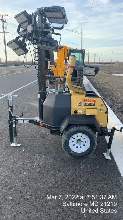 2021 Allmand NLV3GR (4) LED Light Fixture 350W, 23' Vertical Mast, 3kW Prime, Towable, Deep Sea L401, Leveling Jacks, Yanmar T4F 5.8hp