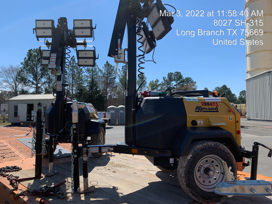 2022 Allmand NLV3GR (4) LED Light Fixture 350W, 23' Vertical Mast, 3kW Prime, Towable, Deep Sea L401, Leveling Jacks, Yanmar T4F 5.8hp