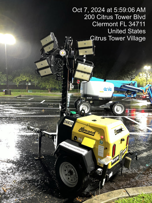 2022 Allmand NLV3GR (4) LED Light Fixture 350W, 23' Vertical Mast, 3kW Prime, Towable, Deep Sea L401, Leveling Jacks, Yanmar T4F 5.8hp