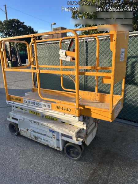 Custom Equipment HB-1430 <ul>
 <li>Hy-Brid Scissor Lift</li>
  <li>Platform capacity up to 670 lbs.</li>
  <li>Working height up to 20 ft</li>
  <li>Weighs under 1,700 lbs.</li>
  <li>Non-marking wheels </li>
</ul>