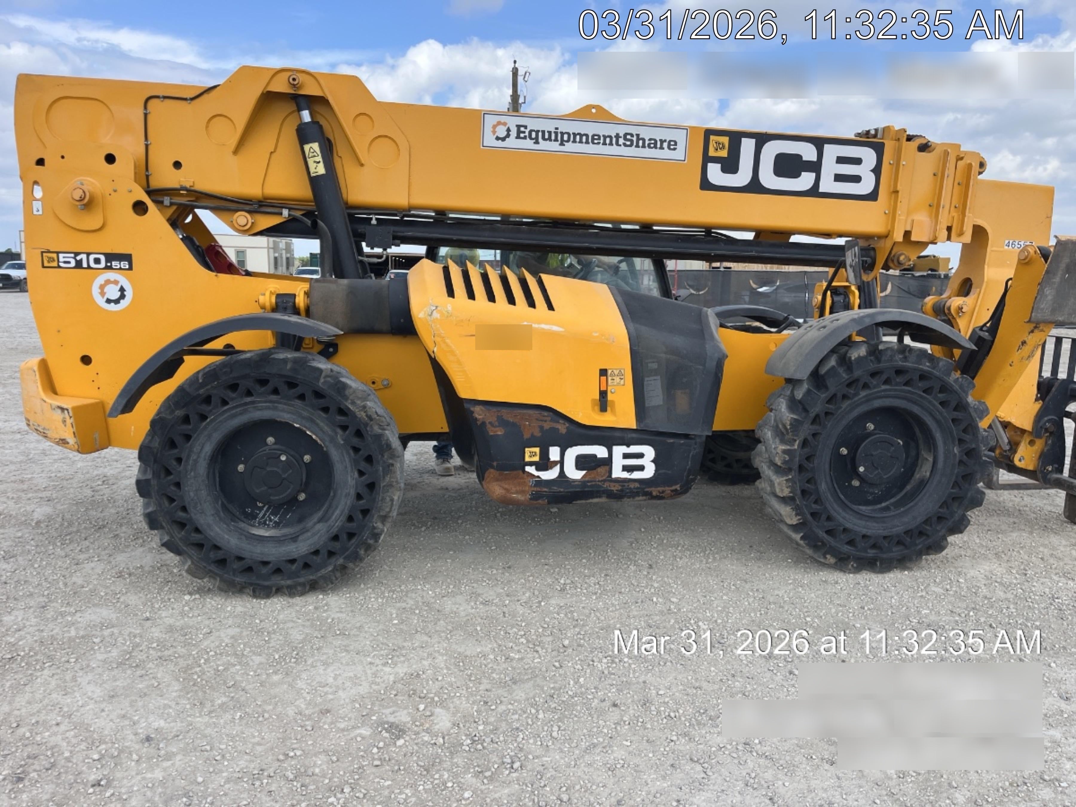 2019 JCB 510-56 Canopy, 74 HP, Solid Tires, STD Worklight, Beacon, Aux Hydraulics, Lifting Eye, Back up Alarm w/66" Carriage/60" Forks