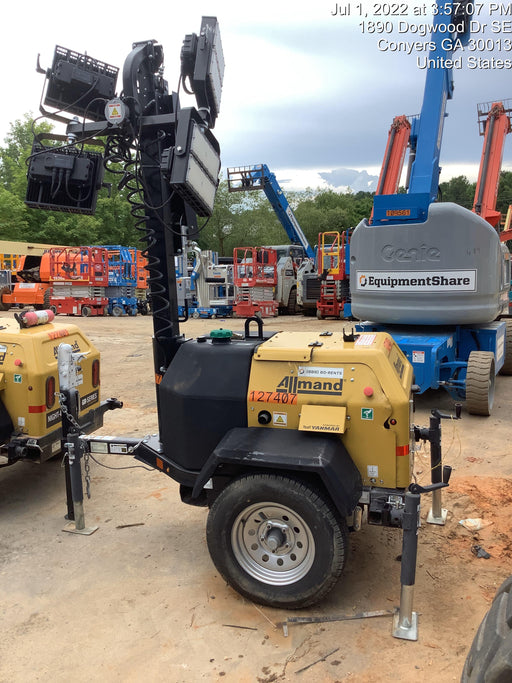 2021 Allmand NLV3GR (4) LED Light Fixture 350W, 23' Vertical Mast, 3kW Prime, Towable, Deep Sea L401, Leveling Jacks, Yanmar T4F 5.8hp