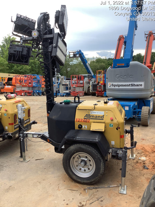 2021 Allmand NLV3GR (4) LED Light Fixture 350W, 23' Vertical Mast, 3kW Prime, Towable, Deep Sea L401, Leveling Jacks, Yanmar T4F 5.8hp