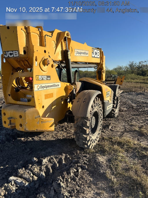 2019 JCB 512-56 74 HP w/CAB/HVAC, Beacon, Aux Hydraulics, Worklights, Solid Tires w/60" Carriage/Forks