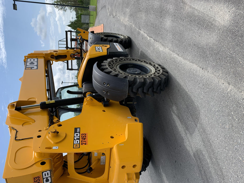 2019 JCB 510-56 Open ROPS, 74 HP, Solid Tires, Worklights, Beacon, Aux Hydraulics, Lifting Eye w/60" Carriage/60" Forks